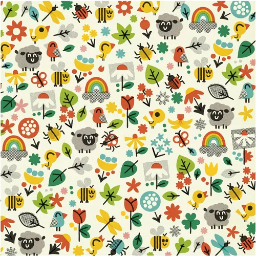 Whimsical repeating pattern of flowers, koalas, birds, bees, and rainbows
