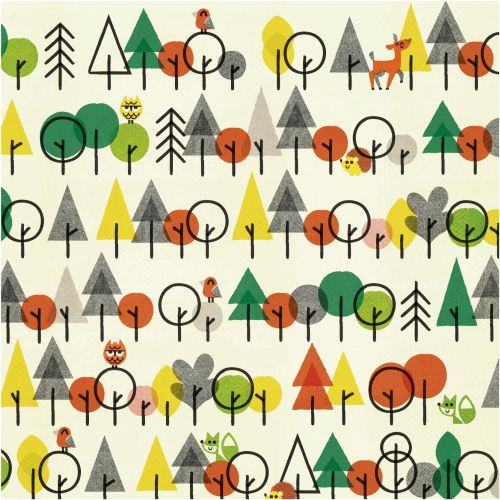 Colorful stylized trees with owls, deer, and fox in repeating pattern