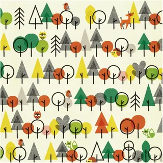 Colorful stylized trees with owls, deer, and fox in repeating pattern