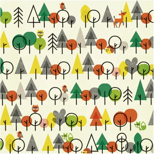 Colorful stylized trees with owls, deer, and fox in repeating pattern