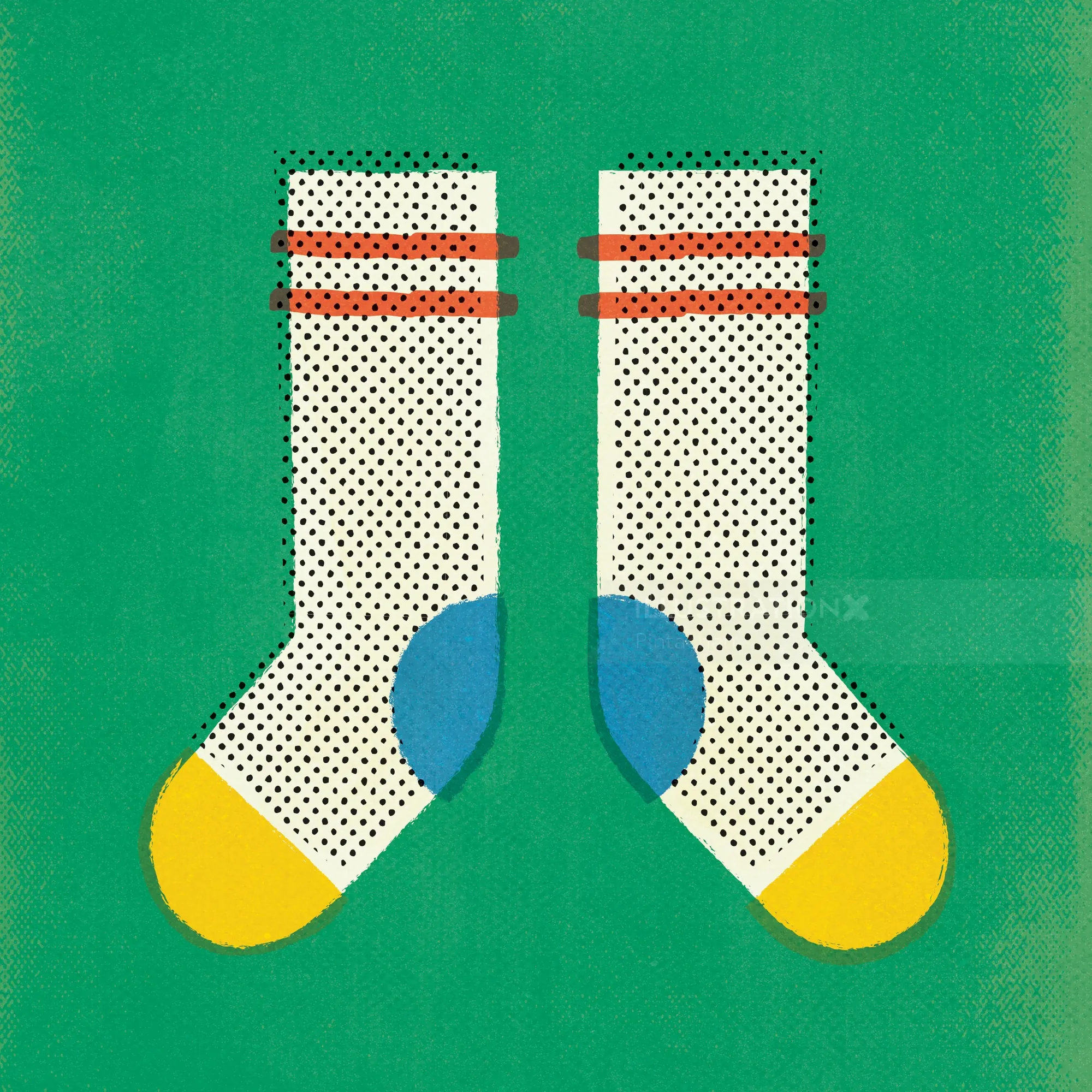 Pair of white socks with black dots, yellow toes, and red stripes