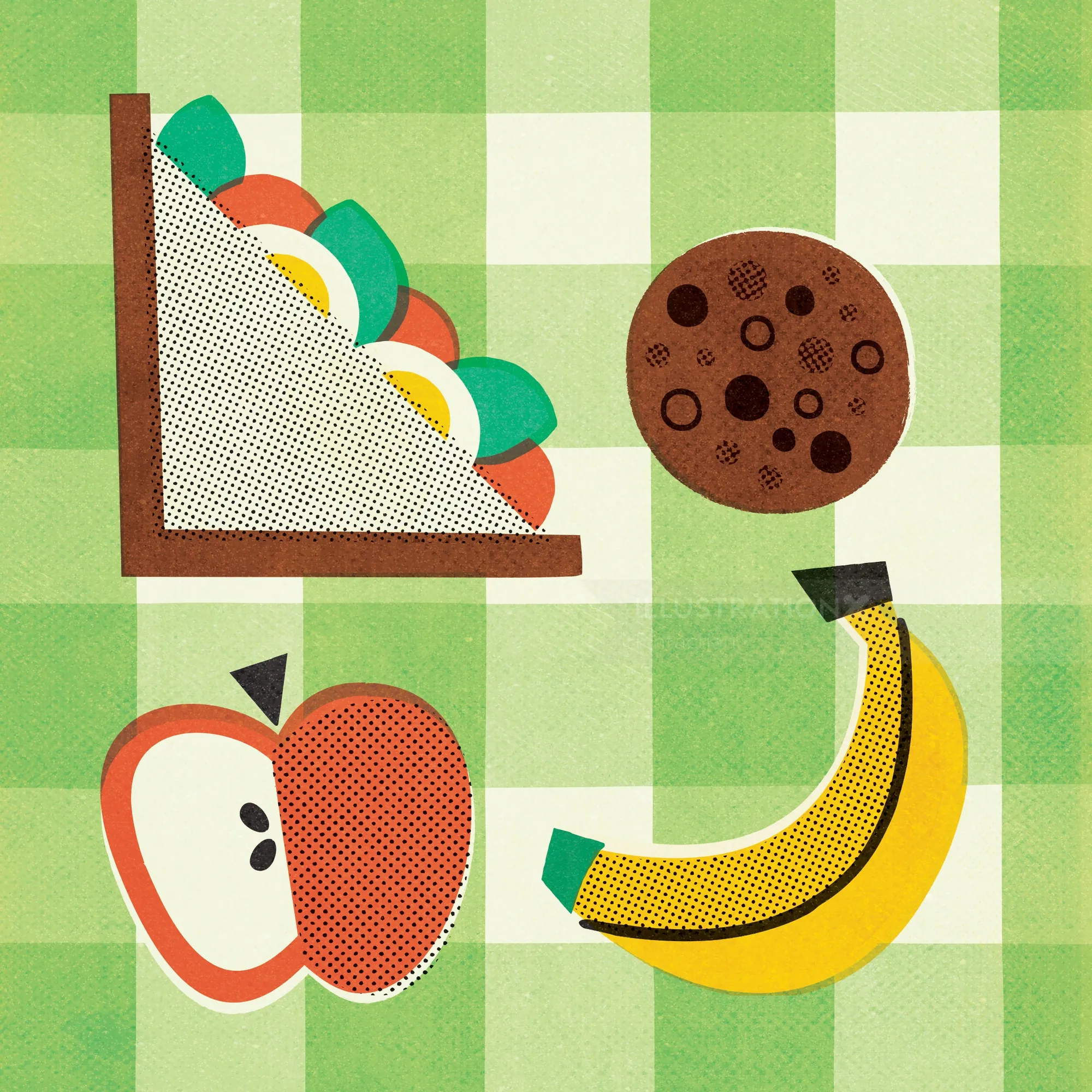 Illustration of sandwich, cookie, apple slice, and banana on checkered tablecloth