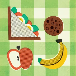 Illustration of sandwich, cookie, apple slice, and banana on checkered tablecloth