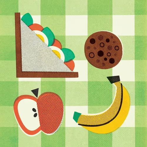 Illustration of sandwich, cookie, apple slice, and banana on checkered tablecloth