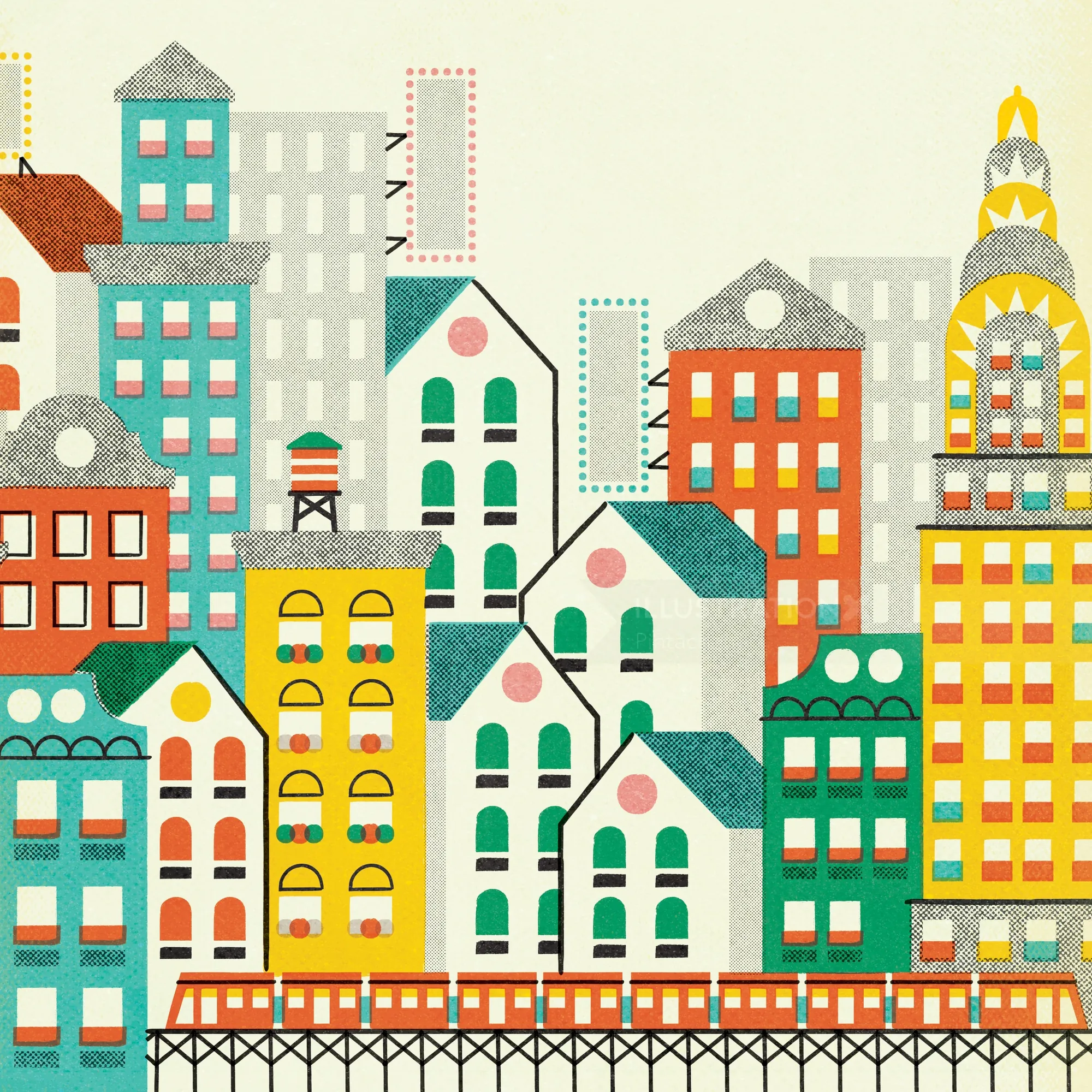 Illustrated colorful city skyline with diverse buildings and train