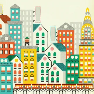 Illustrated colorful city skyline with diverse buildings and train