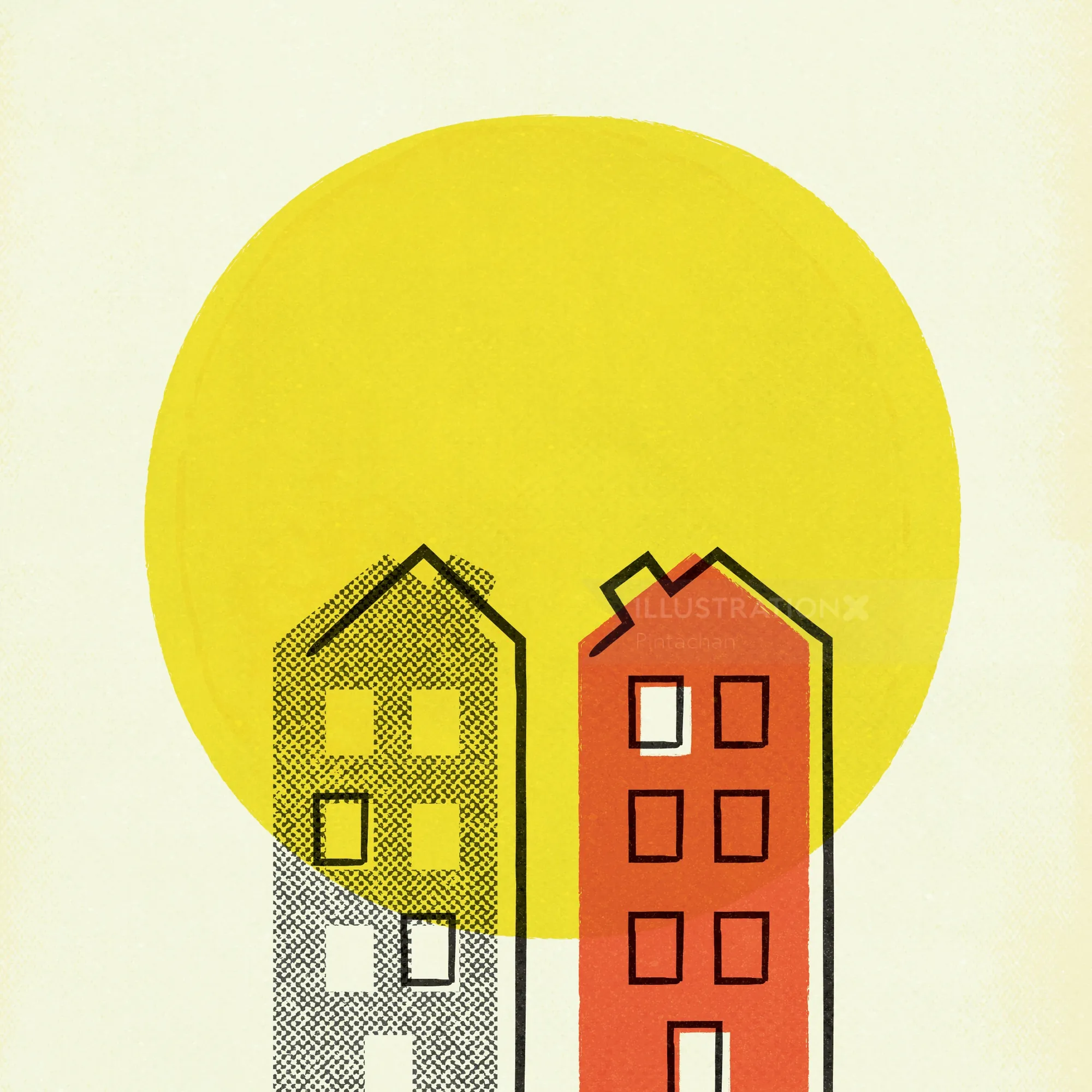 Two stylized houses overlapping a bright yellow circle