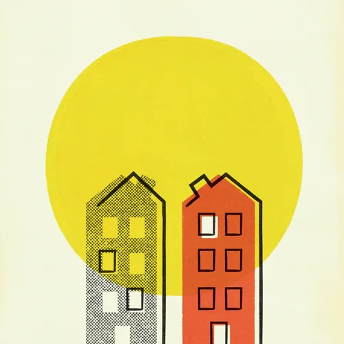 Two stylized houses overlapping a bright yellow circle