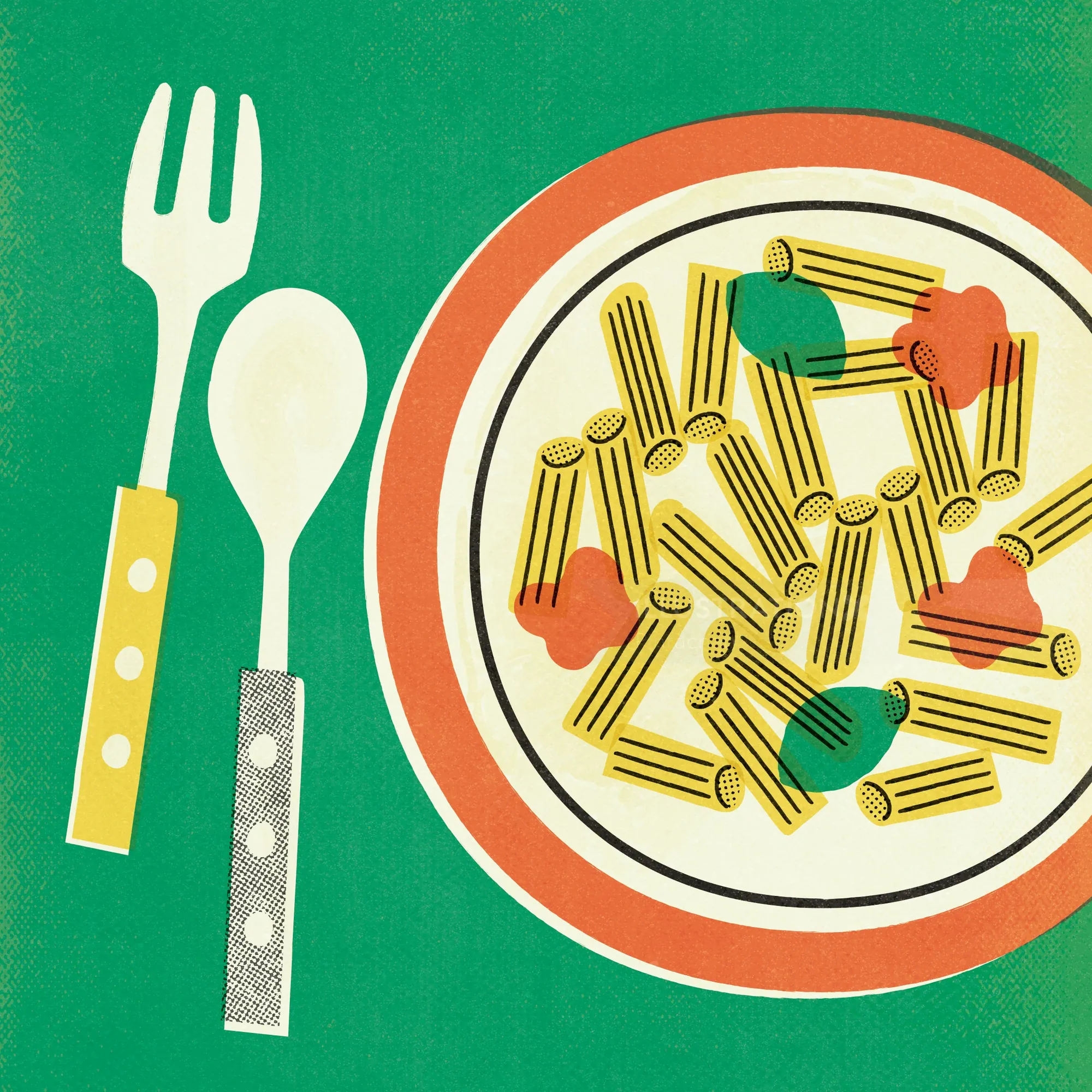 Plate of pasta with sauce and fork and spoon on green background
