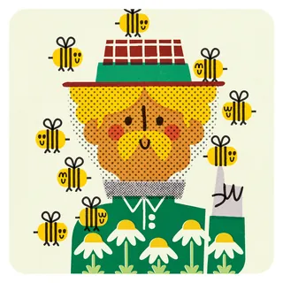 Man with curly hair and beard surrounded by bees wearing a green floral shirt