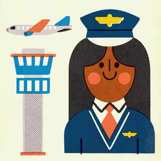 Illustration of a female pilot with airplane and control tower