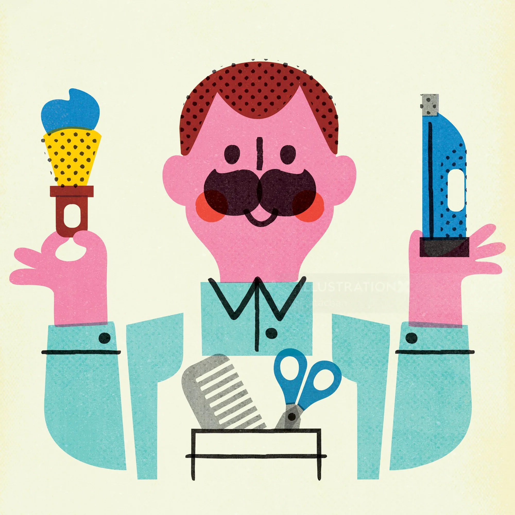 Illustration of barber with razor and shaving brush