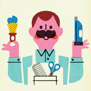 Illustration of barber with razor and shaving brush