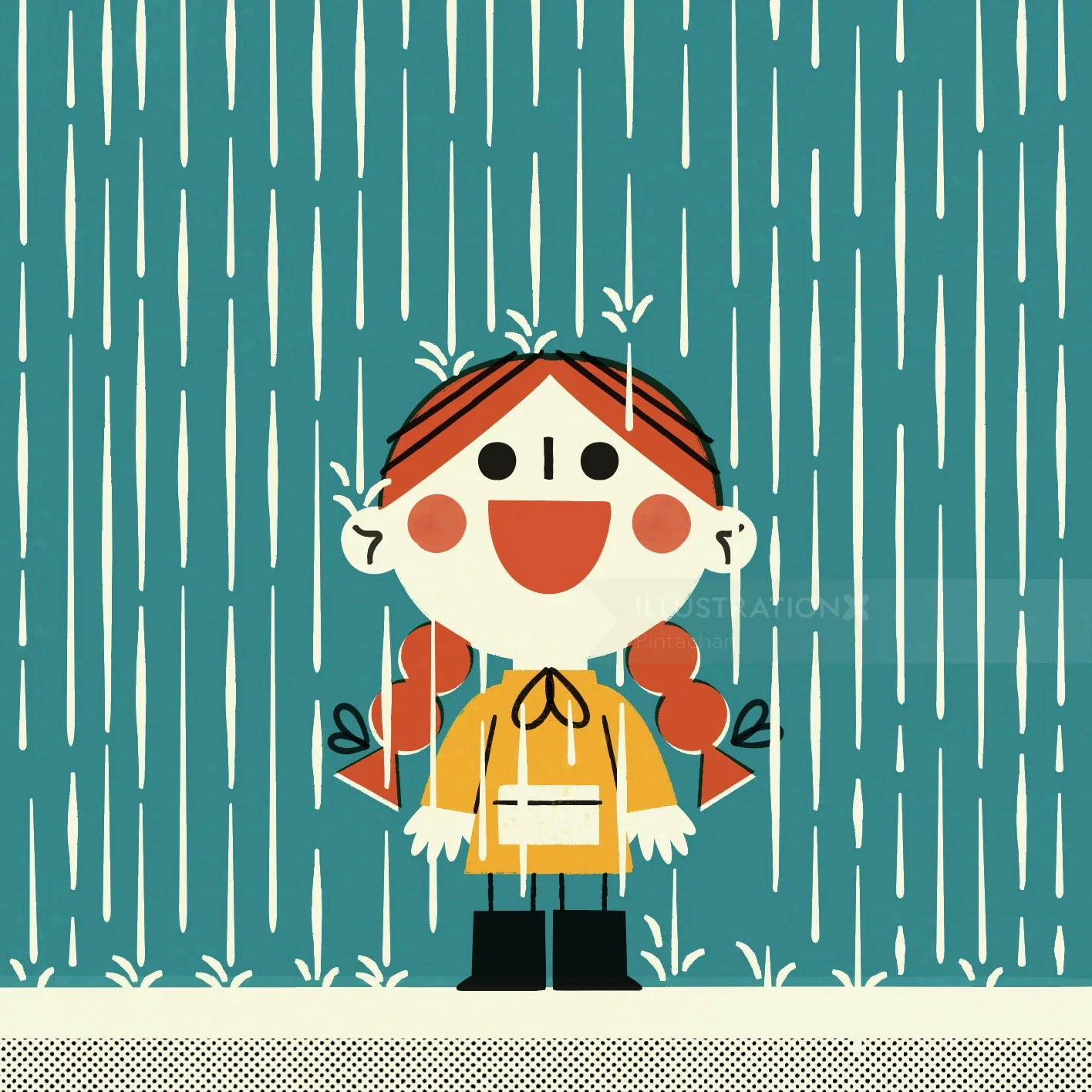 Smiling girl with red braids wearing a yellow raincoat in rain