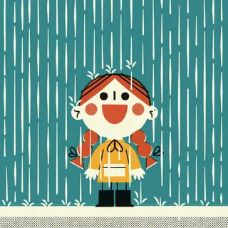 Smiling girl with red braids wearing a yellow raincoat in rain