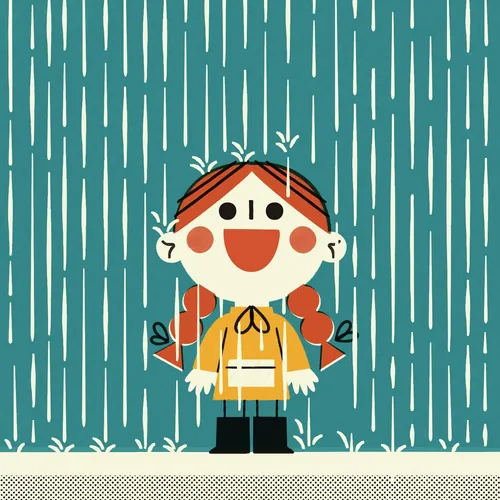Smiling girl with red braids wearing a yellow raincoat in rain