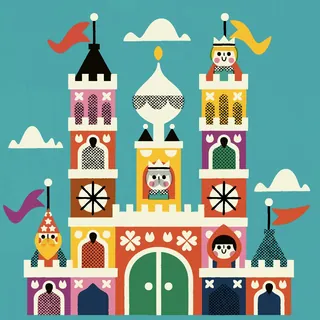 Whimsical colorful castle with flags and characters in window towers