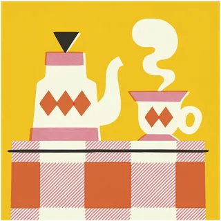 Illustration of a steaming coffee pot and cup on checkered tablecloth