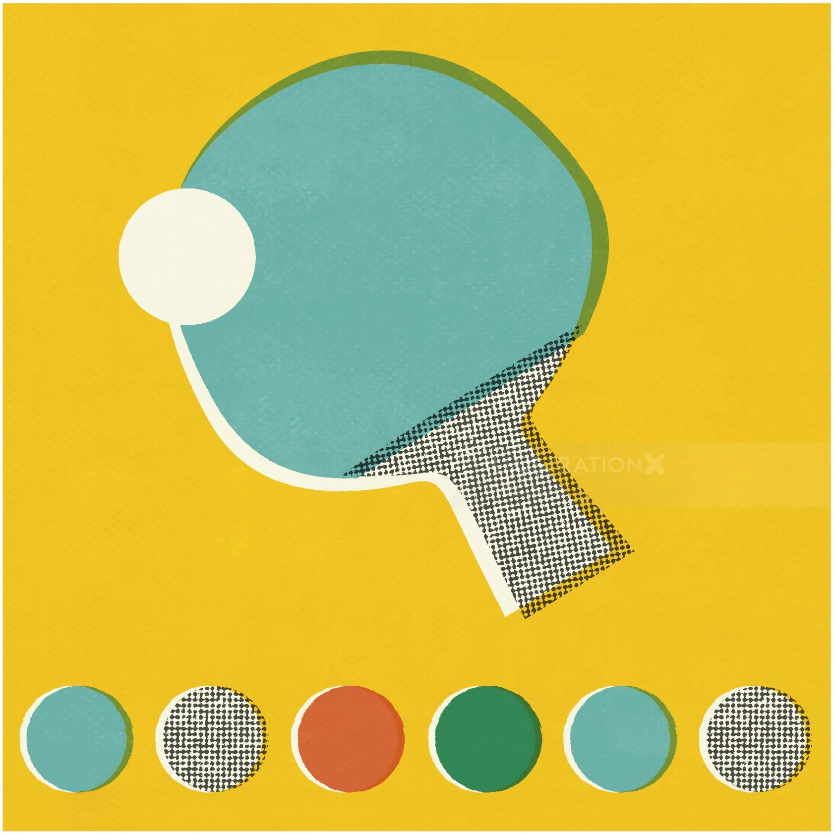 Ping pong paddle illustration with five colored circles below on yellow background