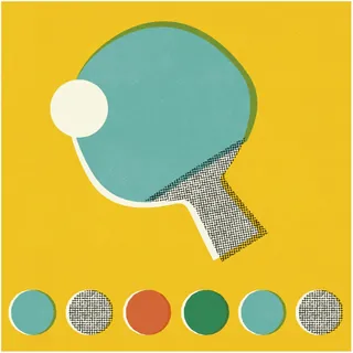 Ping pong paddle illustration with five colored circles below on yellow background