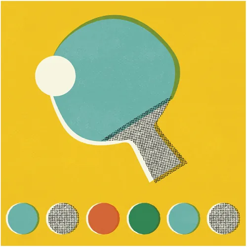 Ping pong paddle illustration with five colored circles below on yellow background