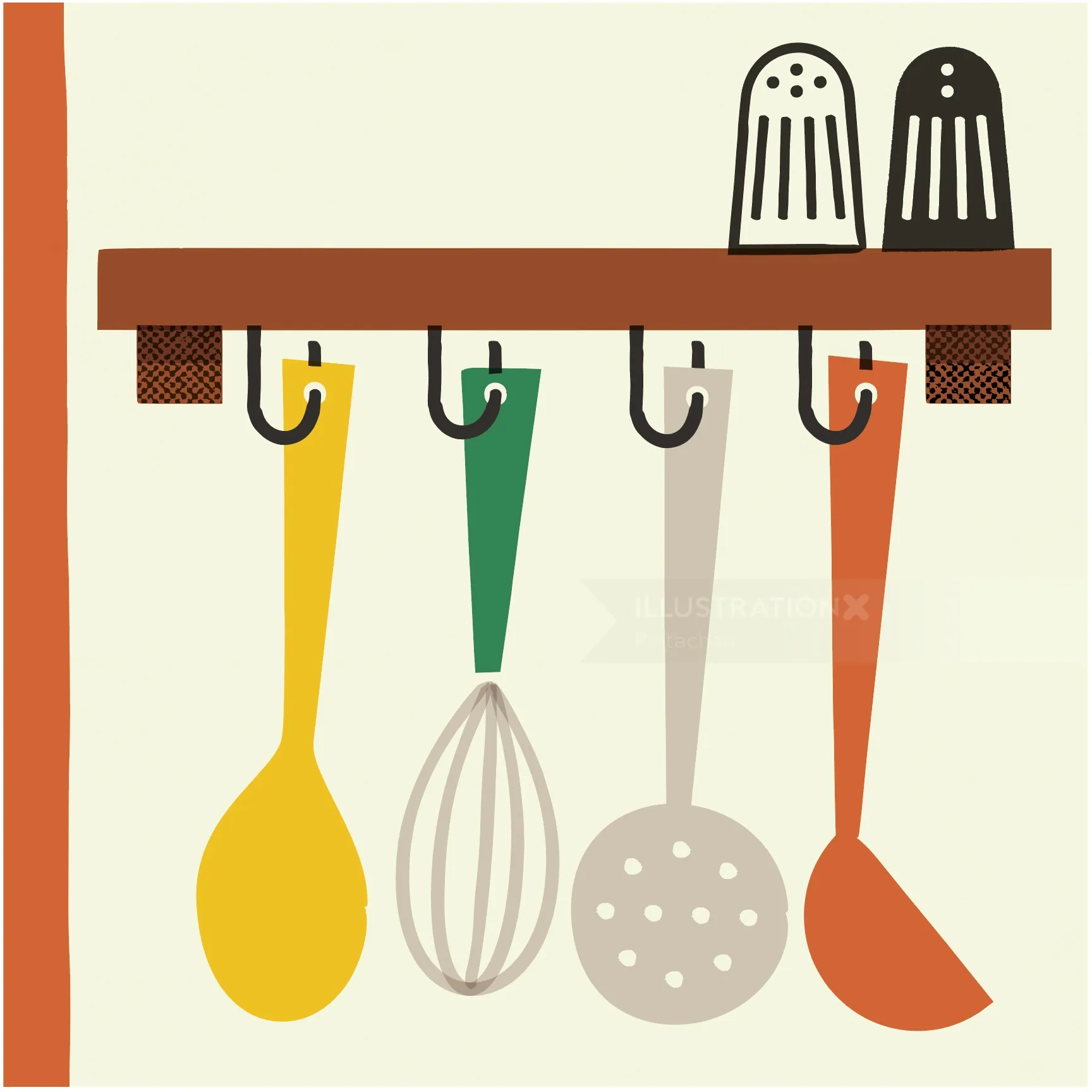 Colorful vintage kitchen utensils and salt shakers on wooden rack