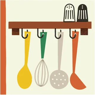 Colorful vintage kitchen utensils and salt shakers on wooden rack