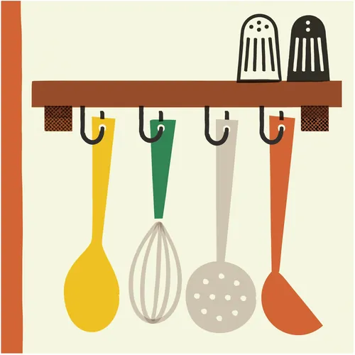 Colorful vintage kitchen utensils and salt shakers on wooden rack