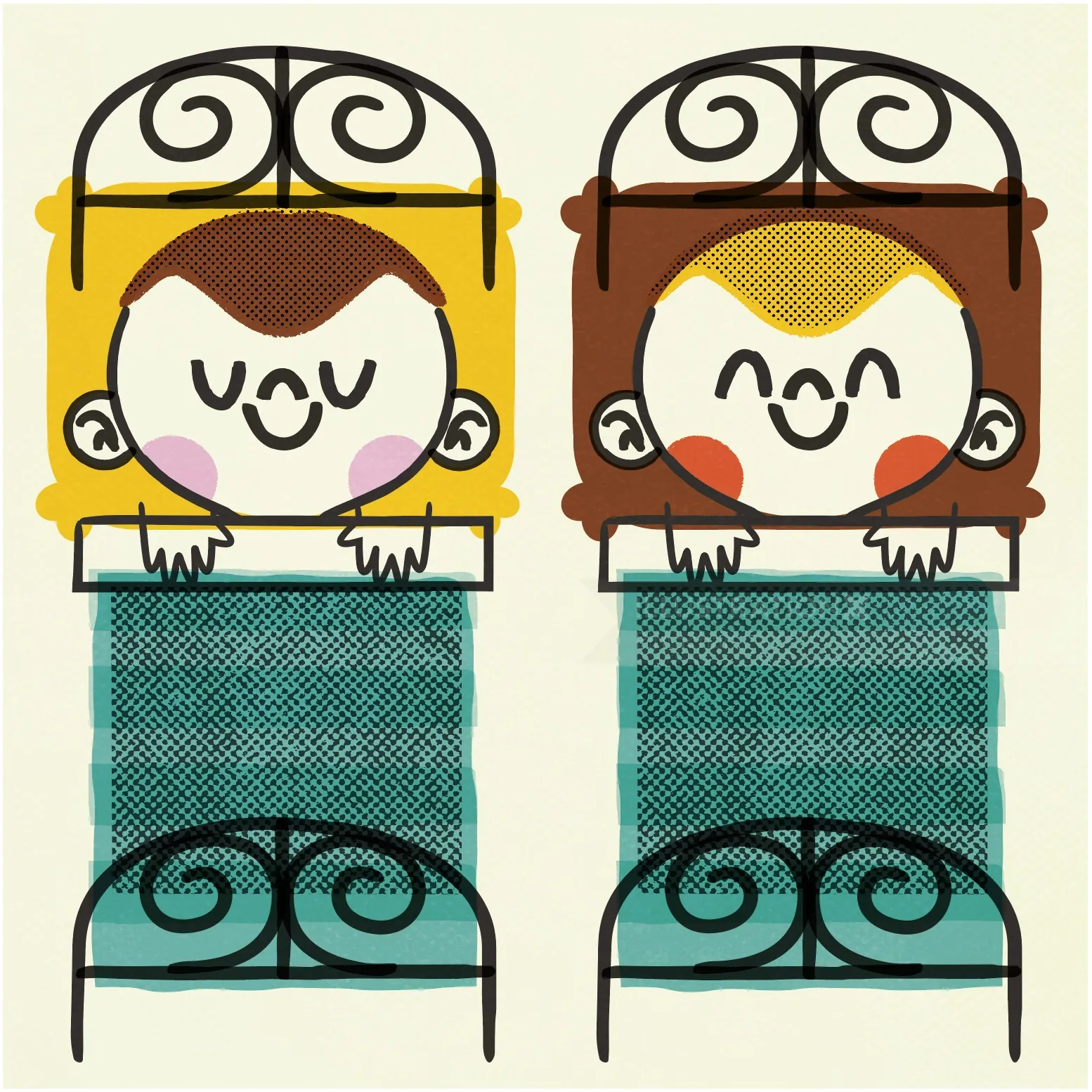 Two smiling children tucked in bed with wrought iron headboards