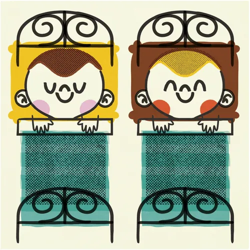 Two smiling children tucked in bed with wrought iron headboards