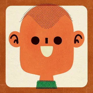 Cartoon smiling bald character with large ears and green collar