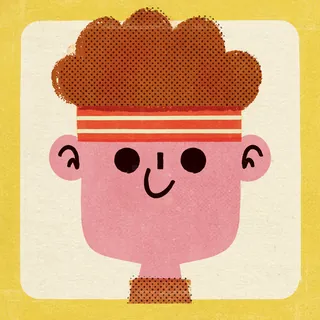 Cartoon boy with curly hair and red striped headband