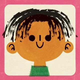 Smiling cartoon child with short dreadlocks and green shirt