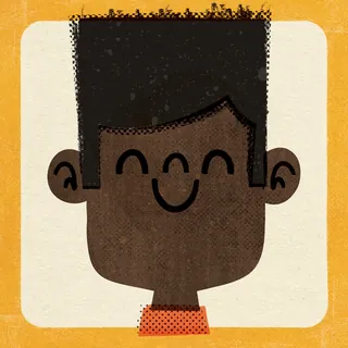 Cartoon boy smiling with flat top haircut on orange background