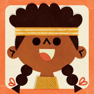 Cartoon smiling girl with braided hair and yellow headband