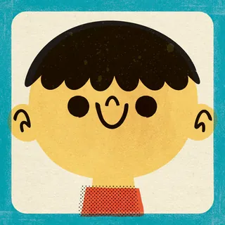 Smiling cartoon boy with black hair and red shirt