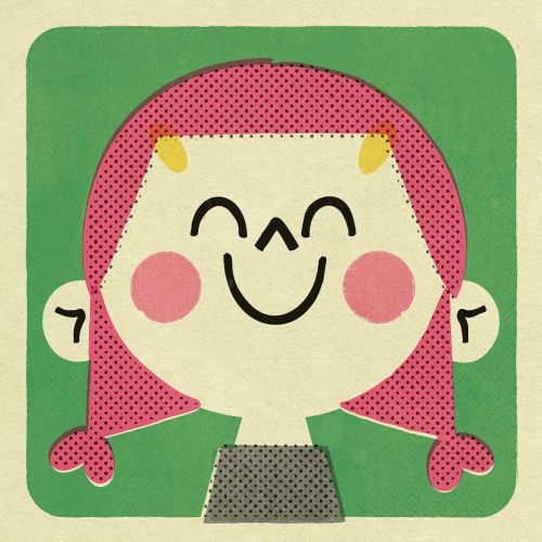 Smiling cartoon girl with pink hair and rosy cheeks