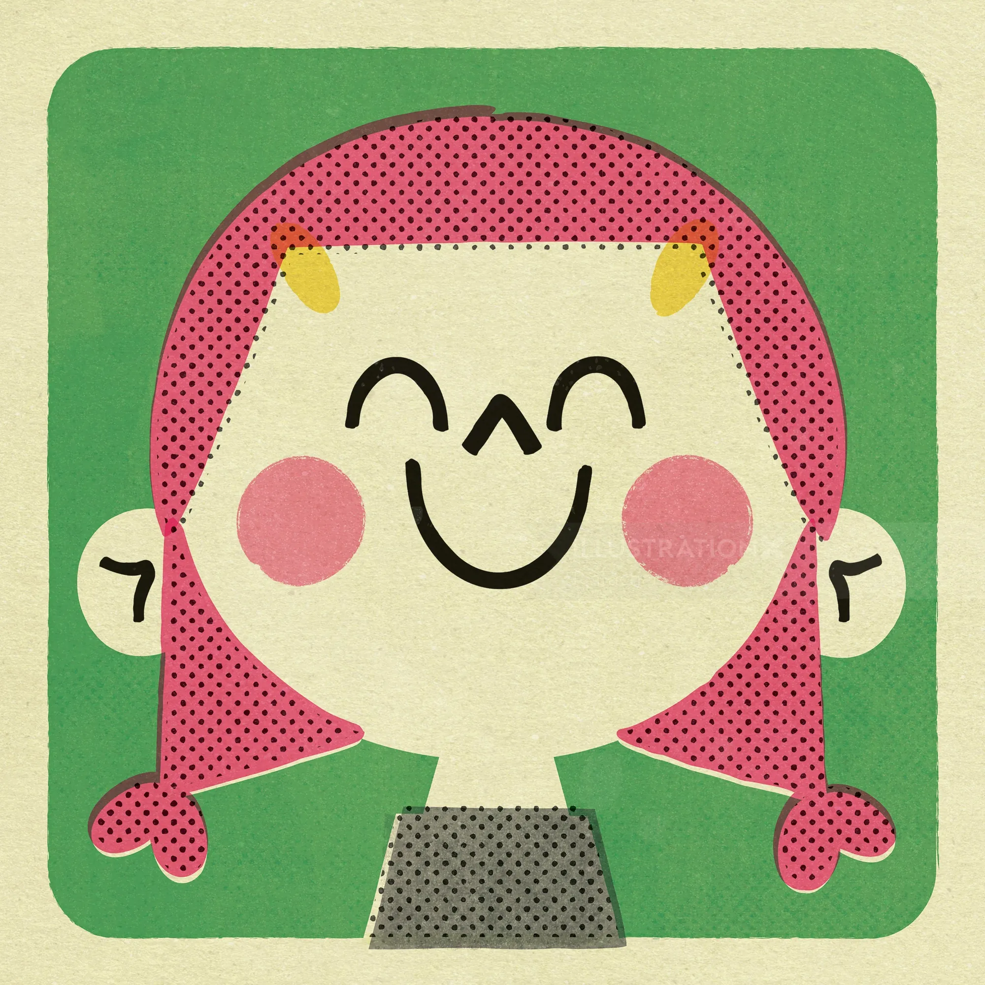 Smiling cartoon girl with pink hair and rosy cheeks