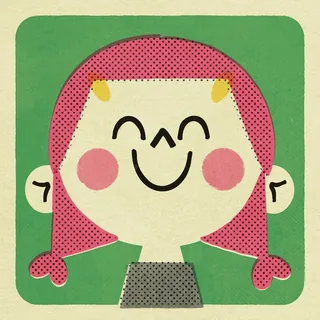 Smiling cartoon girl with pink hair and rosy cheeks