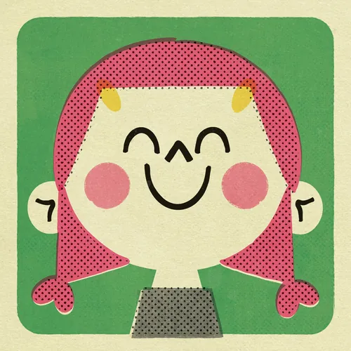 Smiling cartoon girl with pink hair and rosy cheeks