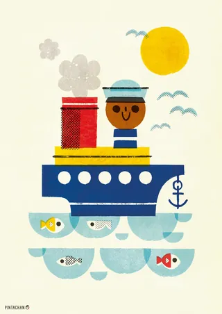 Illustration of a boat with a smiling captain and fish in water