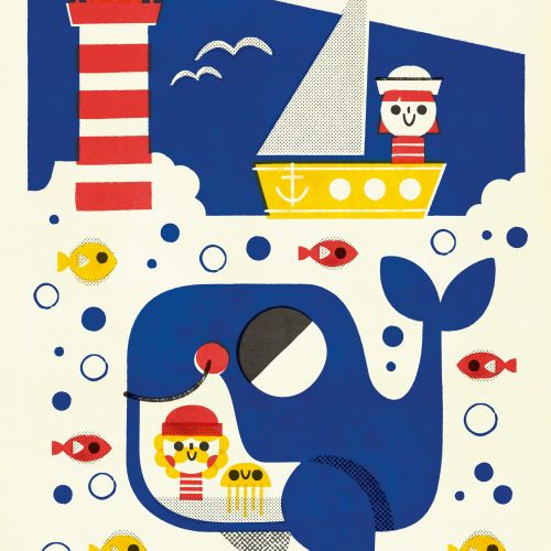 Cartoon whale with sailor and boat near lighthouse and fish