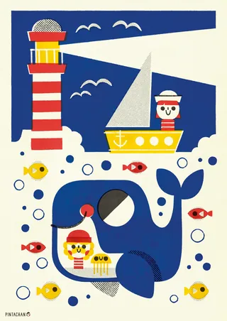 Cartoon whale with sailor and boat near lighthouse and fish