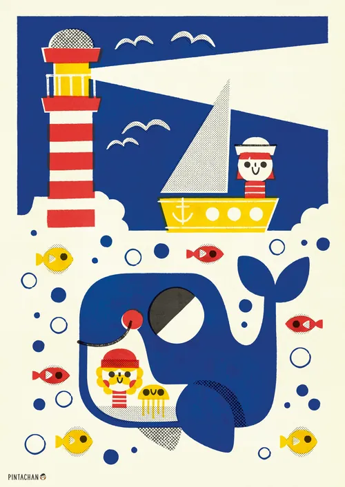 Cartoon whale with sailor and boat near lighthouse and fish