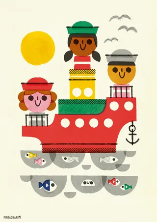 Cartoon boat with three people, fish below, and birds flying above