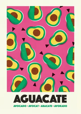 Pattern of halved avocados with green skin and brown pits on pink