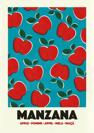 Red apples with green leaves pattern on blue background