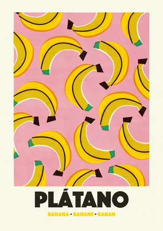 Yellow bananas pattern on pink background with the word Plátano