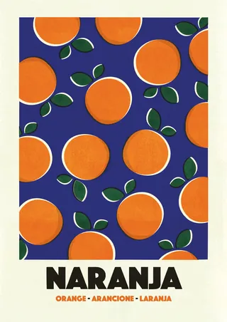 Orange fruits pattern with green leaves on blue background