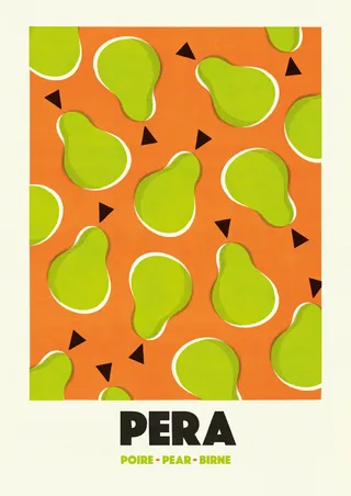 Bright green pears pattern on orange background with small black triangles